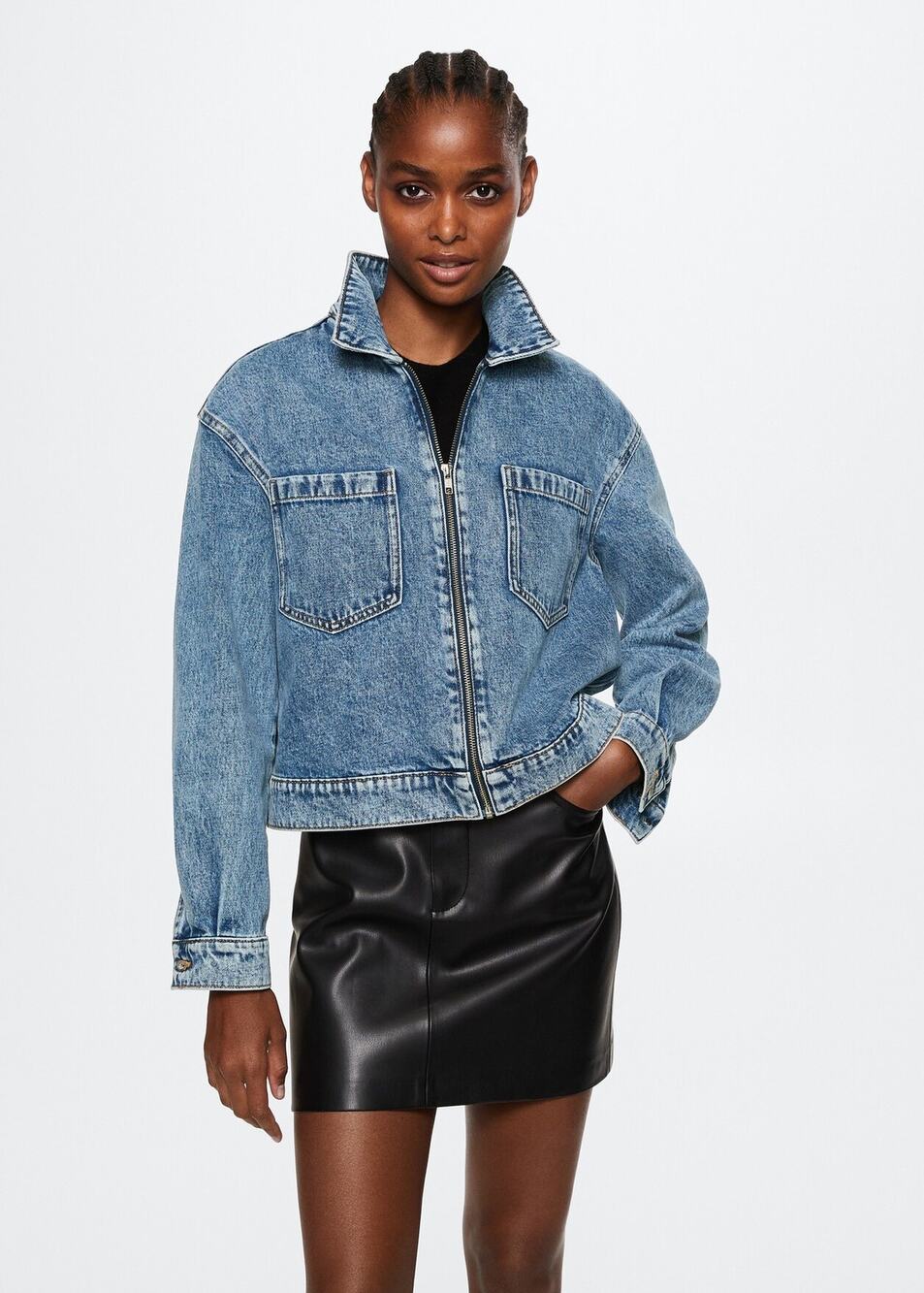 MNG Women's Blue Zip Up Collar Long Sleeve Medium Wash Jeans Denim Coat Jacket S